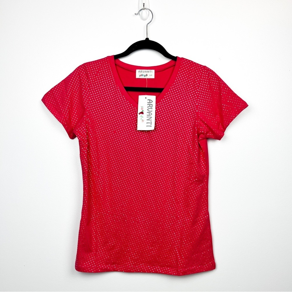 NWT Arvanti Red Short Sleeve Silver Dotted Tee